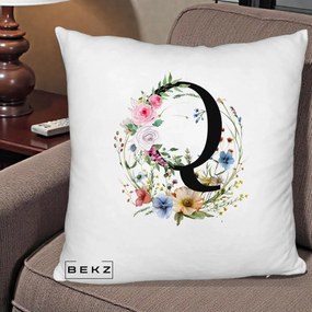 Cadou Personalizat - Perna Personalizata Monogram Litera Q cu Flori Acuarela, 40x40 cm, Alb Pufos, Husa Detasabila, Perna Inclusa, BEKZ®