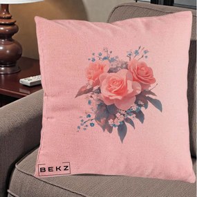 Perna Decorativa Trandafiri Roz cu Floricele Albastre, 40x40 cm, Roz, Husa Detasabila, Perna Inclusa, BEKZ®