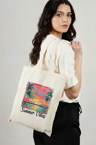 Sacosa de Panza pentru Cumparaturi, Geanta Tote, model Summer Vibes, 38 x 34.5 cm, Alba, BEKZ®