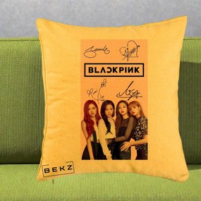 Perna Personalizata K-pop BLACKPINK Semnaturi si Foto, 40x40 cm, Galben, Husa Detasabila, Perna Inclusa, BEKZ®