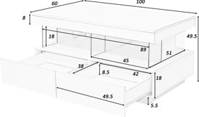 Masă de cafea modernă cu finisaj lucios, iluminare LED, 2 sertare, 100x60x49,5 cm, Alb