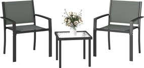 Outsunny Set masă și scaune pentru terasă exterior 3 piese cu 2 scaune din Textilene, masă din sticlă securizată, gri deschis | Aosom Romania
