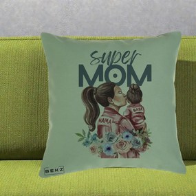 Cadou pentru Mama - Perna Personalizata Super Mom Mama cu Bebelusul, 40x40 cm, Verde, Husa Detasabila, Perna Inclusa, BEKZ®