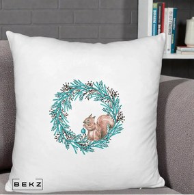 Perna Decorativa Coroana Turcoaz cu Veverita, 40x40 cm, Alb Pufos, Husa Detasabila, Perna Inclusa, BEKZ®