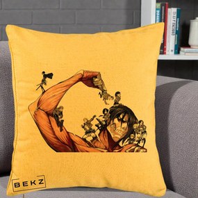 Perna Personalizata Attack on Titan Eren Titan Grup, 40x40 cm, Galben, Husa Detasabila, Perna Inclusa, BEKZ®