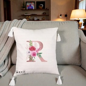 Cadou Personalizat - Perna Personalizata Monograma Rose Gold Litera R, 40x40 cm, Bej cu Franjuri, Husa Detasabila, Perna Inclusa, BEKZ®