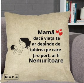 Cadou pentru Mama - Perna Personalizata Mama Nemuritoare Imbratisare Copil, 40x40 cm, Crem, Husa Detasabila, Perna Inclusa, BEKZ®