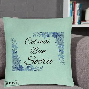 Cadou pentru Socru - Perna Personalizata Cel mai Bun Socru cu Flori Albastre Acuarela, 40x40 cm, Verde Menta, Husa Detasabila, Perna Inclusa, BEKZ®
