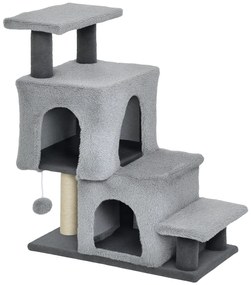 PawHut Scara pentru Pisici cu 4 Trepte Reglabile, 2 Căsuțe și Stâlp pentru Zgâriat Gri | Aosom Romania