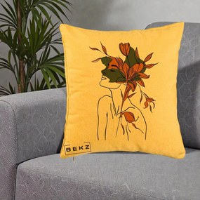 Perna Decorativa Portret Feminin Crin Auriu, 40x40 cm, Galben, Husa Detasabila, Perna Inclusa, BEKZ®