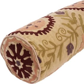 Pernă rulou din catifea brodată manual cu motive suzani, D20×L55 cm, „Suzani"