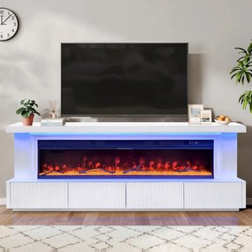 Șemineu Electric cu Flacără LED în 7 Culori, Comodă TV, Încălzire, Bluetooth, Difuzoare Integrate, Iluminare LED Ambientală, Telecomandă, MDF, Finisaj Alb Oglindă