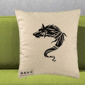 Perna Decorativa Lup Tribal Alb-Negru, 40x40 cm, Bej, Husa Detasabila, Perna Inclusa, BEKZ®