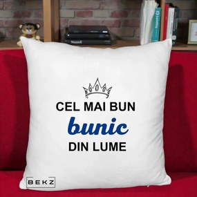 Cadou pentru Bunic - Perna Personalizata Cel Mai Bun Bunic Din Lume Coroana Albastra, 40x40 cm, Alb Pufos, Husa Detasabila, Perna Inclusa, BEKZ®