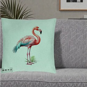 Perna Decorativa Flamingo Roz cu Pene Teal, 40x40 cm, Verde Menta, Husa Detasabila, Perna Inclusa, BEKZ®