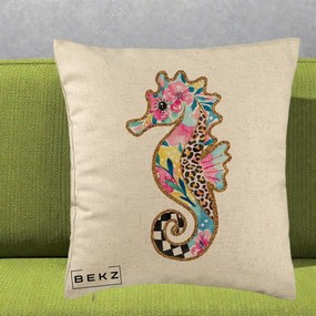Perna Decorativa Calut de Mare Glitter Tropical, 40x40 cm, Bej, Husa Detasabila, Perna Inclusa, BEKZ®