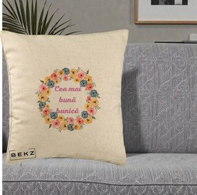 Cadou pentru Bunica - Perna Personalizata Cea Mai Buna Bunica Coronita Flori Multicolore, 40x40 cm, Bej, Husa Detasabila, Perna Inclusa, BEKZ®