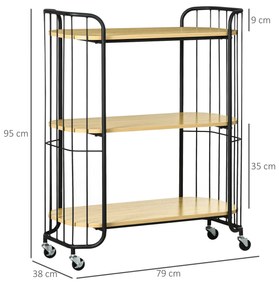 HOMCOM Cărucior de Bucătărie Multifuncțional pe 3 Niveluri, din PAL și Oțel, cu Maner și 4 Roți, Lemn Natural, 79x38x95 cm | Aosom Romania