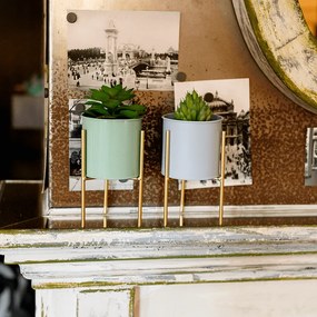 Set 2 ghivece metalice, albastru/neo mentă/auriu, ROZEL SET