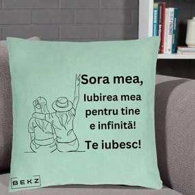 Cadou pentru Sora - Perna Personalizata Sora Mea Te Iubesc Line Art Portrete Colorate, 40x40 cm, Verde Menta, Husa Detasabila, Perna Inclusa, BEKZ®