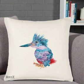 Perna Decorativa Pasare Martin Pescar Acuarela Albastru-Mov, 40x40 cm, Crem Reliefat, Husa Detasabila, Perna Inclusa, BEKZ®