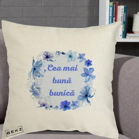 Cadou pentru Bunica - Perna Personalizata Cea Mai Buna Bunica Coronita Flori Albastre Acuarela, 40x40 cm, Ecru, Husa Detasabila, Perna Inclusa, BEKZ®