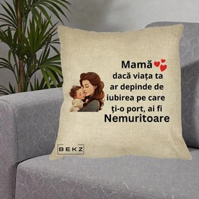 Cadou pentru Mama - Perna Personalizata Mama Nemuritoare cu Bebelus Lineart, 40x40 cm, Crem, Husa Detasabila, Perna Inclusa, BEKZ®