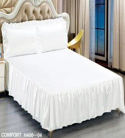 Husa de pat cu volan, material tip saten, pat 2 persoane, alb, H400-04