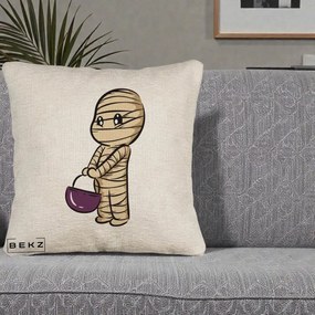Perna Decorativa Halloween Mummy Kawaii cu Cos, 40x40 cm, Bej Canapea, Husa Detasabila, Perna Inclusa, BEKZ®