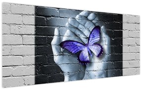Tablou - Fluture violet pe perete (120x50 cm)