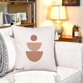 Perna Decorativa Geometric Boho Semicerc Stivuit, 40x40 cm, Bej cu Franjuri, Husa Detasabila, Perna Inclusa, BEKZ®