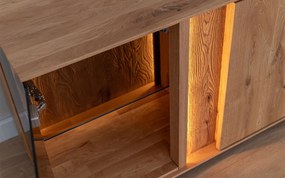 Comodă TV lemn masiv Aurora cu Vitrină Iluminată Stejar, 165 × 37 × 60 cm