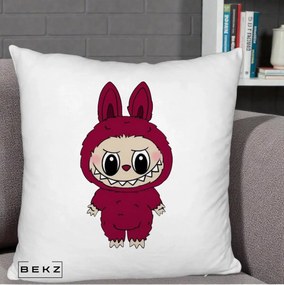 Perna Personalizata Labubu Rosu-Visiniu Solo, 40x40 cm, Alb Pufos, Husa Detasabila, Perna Inclusa, BEKZ®