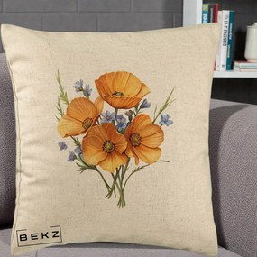 Perna Decorativa Maci Portocalii cu Floricele Albastre, 40x40 cm, Bej, Husa Detasabila, Perna Inclusa, BEKZ®