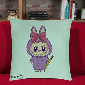 Perna Personalizata Labubu Mov cu Funda Rosie si Creion, 40x40 cm, Verde Menta, Husa Detasabila, Perna Inclusa, BEKZ®