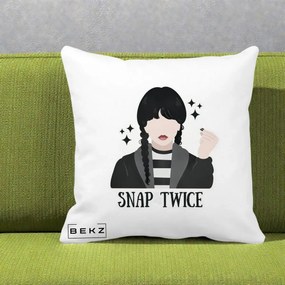 Perna Personalizata Wednesday Snap Twice, 40x40 cm, Alba Mata, Husa Detasabila, Perna Inclusa, BEKZ®