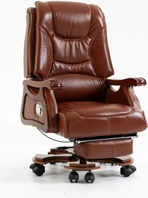EXECUTIVE COMFORT 8007 –Scaun directorial din piele naturala si lemn masiv, Masaj in 9 puncte si Incalzire, rezistent 150 kg, Maro Inchis