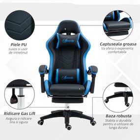 Scaun de gaming din piele ecologica PU si otel cu inaltime reglabila si spatar inclinabil, 65x65x121-129 cm, albastru si negru | Aosom Romania