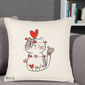 Perna Decorativa Pisica Kawaii cu Inimi, 40x40 cm, Crem Reliefat, Husa Detasabila, Perna Inclusa, BEKZ®