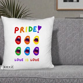 Perna Personalizata Pride Love is Love Curcubeu, 40x40 cm, Alb Pufos, Husa Detasabila, Perna Inclusa, BEKZ®