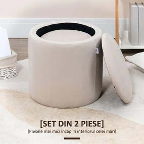 HOMCOM Set de 2 Pouf-uri pentru Depozitare Salvaspazio Rotunde și Îmbunătățite din Catifea cu Nervuri, Alb | Aosom Romania