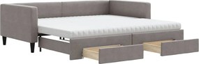 vidaXL Pat de zi cu extensie și sertare, gri taupe, 100x200 cm, textil