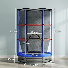 HOMCOM Saltea Elastică pentru Copii 3-6 Ani cu Plasă de Protecție, 6 Stâlpi și 3 Intrări, Ø140x190 cm, Albastru | Aosom Romania