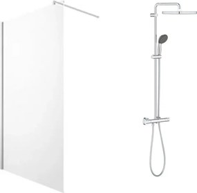 Pachet paravan dus Walk-In Omnires Marina crom 90x200 cm si coloana de dus cu baterie termostatata Grohe Vitalio Start Cube 250 crom lucios