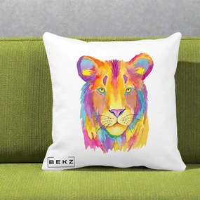 Perna Decorativa Leu Acuarela Curcubeu, 40x40 cm, Alba Mata, Husa Detasabila, Perna Inclusa, BEKZ®