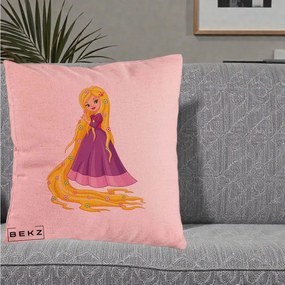 Perna Personalizata Rapunzel Par Lung Floral, 40x40 cm, Roz, Husa Detasabila, Perna Inclusa, BEKZ®