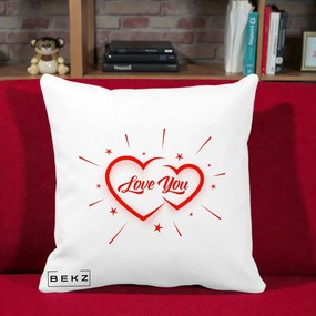 Cadou Romantic - Perna Personalizata Love You Doua Inimi, 40x40 cm, Alba Mata, Husa Detasabila, Perna Inclusa, BEKZ®