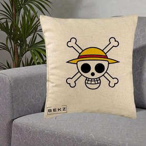 Perna Personalizata One Piece Jolly Roger Straw Hat Pirates, 40x40 cm, Bej, Husa Detasabila, Perna Inclusa, BEKZ®