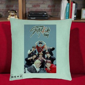 Perna Personalizata K-pop Stray Kids You Make Stray Kids Stay cu Foto Grup, 40x40 cm, Verde Menta, Husa Detasabila, Perna Inclusa, BEKZ®