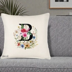 Cadou Personalizat - Perna Personalizata Monogram Litera B cu Flori Acuarela, 40x40 cm, Crem Reliefat, Husa Detasabila, Perna Inclusa, BEKZ®